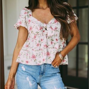 Floral Print Front Tie Babydoll Top